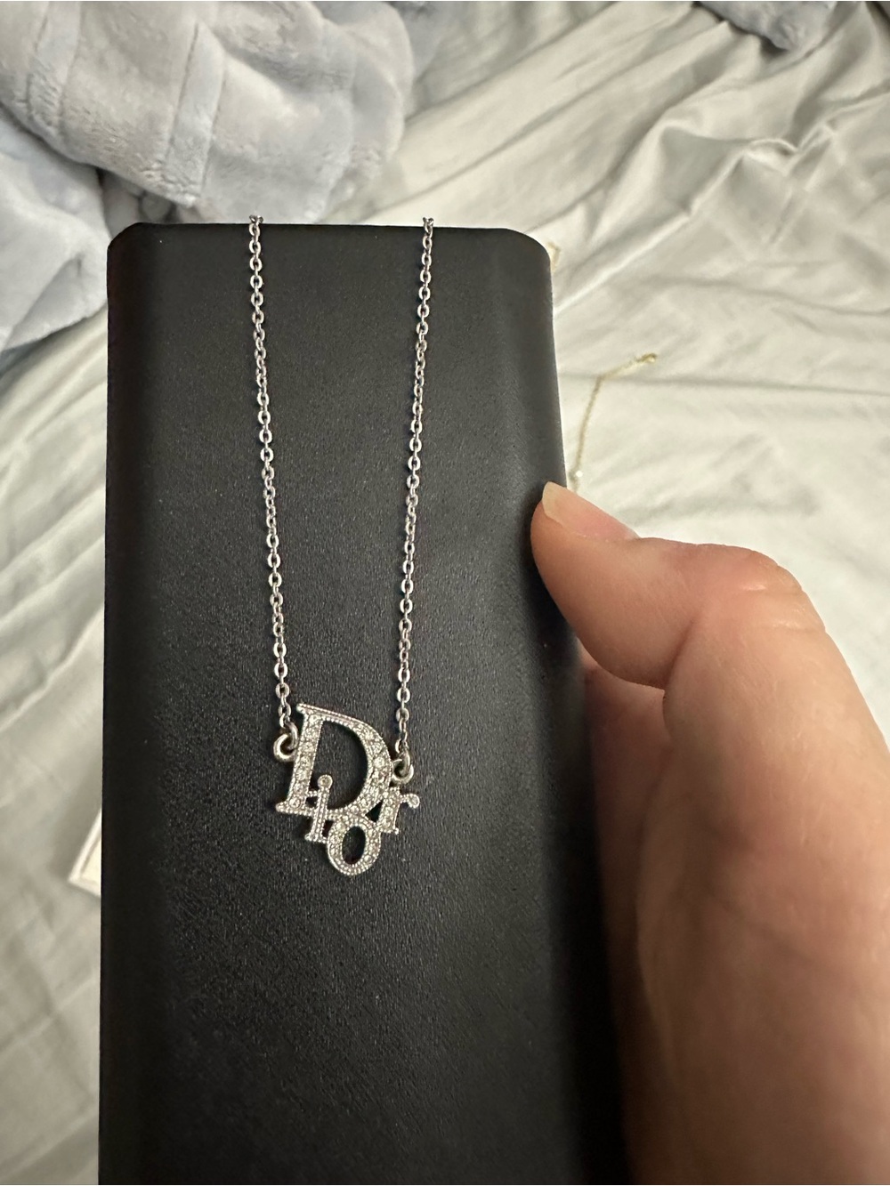 Authentic Dior Silver Crystal 'CD' Logo Pendant Necklace
